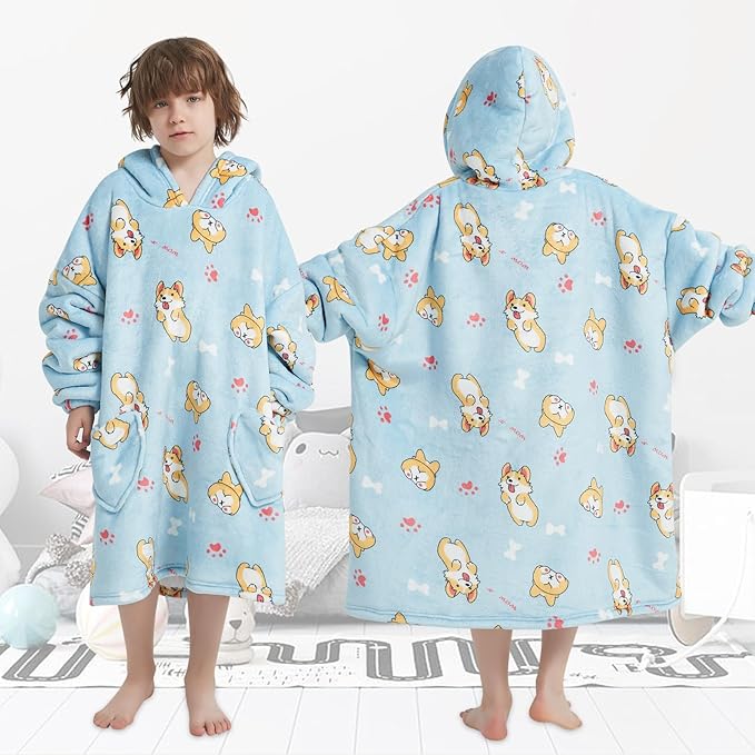 Fiosnow Corgi Blanket Hoodies for Kids 6-13YR Oversize Wearable Blanket Hoodies for Boys Girls Teens