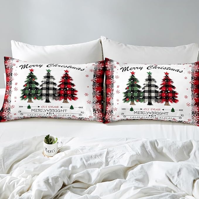 Manfei Xmas Tree Duvet Cover Set Queen Size, Merry Christmas Comforter Cover with 2 Pillowcases, New Year Theme Plaid Print Bedding Set 3pcs for Kids Boys Girls Bedroom Decor,No Comforter