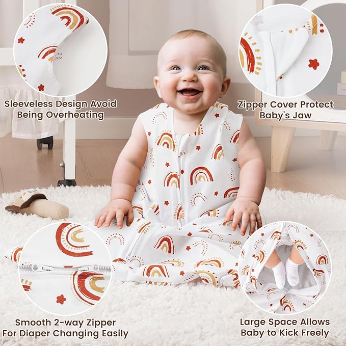 PHF Soft Baby Sleep Sack 12-18 Months 100% Cotton Wearable Blanket, 2-Way Zipper 0.5 TOG Toddler Sleeping Sack 3 Pack, Comfy Sleep Bag for Baby Boys Girls, Rainbow (Large)