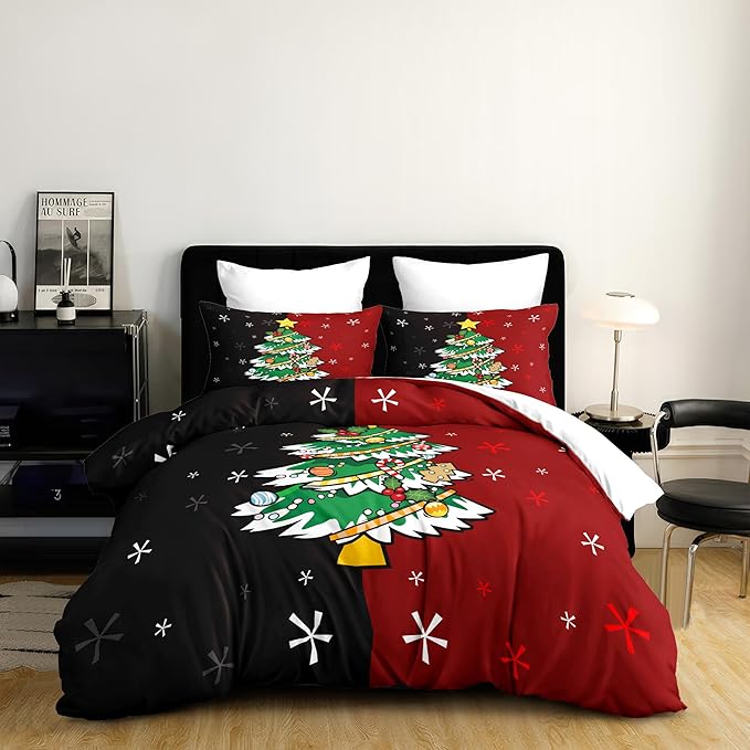 Christmas Duvet Cover Twin Size Black Red Christmas Tree Bedding Set 2 Pieces Kids Boys Girls Xmas Couple Holiday Comforter Cover with Zipper Closure and 1 Pillowcase (No Comforter)