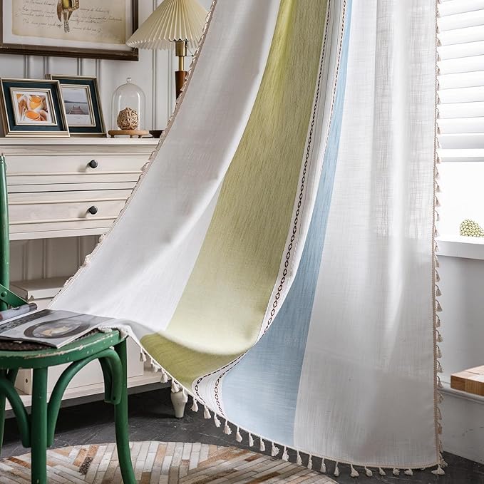 Deeprove Boho Linen Curtains 96 inch Long for Bedroom Living Room, French Retro Farmhouse Tassels Window Treatment Bohemian Embroidery Drape Rod Pocket 1 Panel 52" W x 96" L, Blue and Sage Green