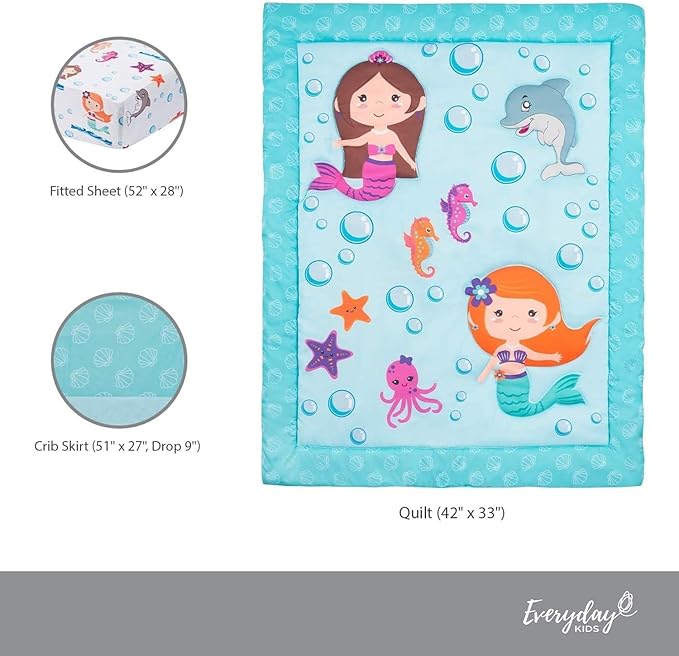 EVERYDAY KIDS 3 Piece Girls Crib Bedding Set - Mermaid Adventures - Includes Quilt, Fitted Sheet and Dust Ruffle - Nursery Bedding Set - Baby Crib Bedding Set