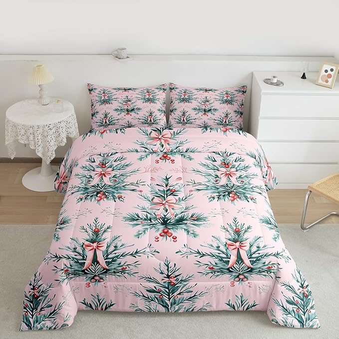 Feelyou Merry Christmas Kids Comforter Set Full Size Green Xmas Tree Bedding Set Pink Bow Duvet Quilt for Kids Boys Girls Bedroom Decor Microfiber Ultra Soft Breathable