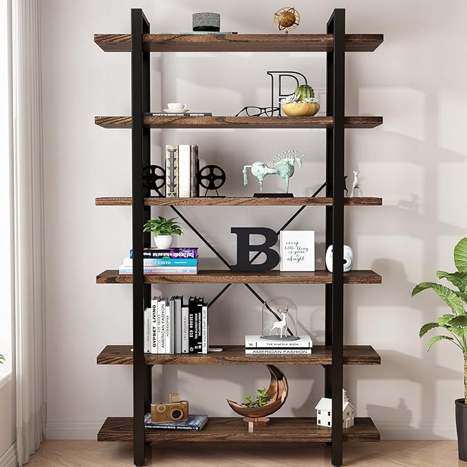 Solid Wood Bookcase and Book Shelves Wood and Metal Shelving Unit 6 Tier Bookshelf Modern Rustic Open Bookshelf Office,Distressed Brown (AY-02-6Tier)