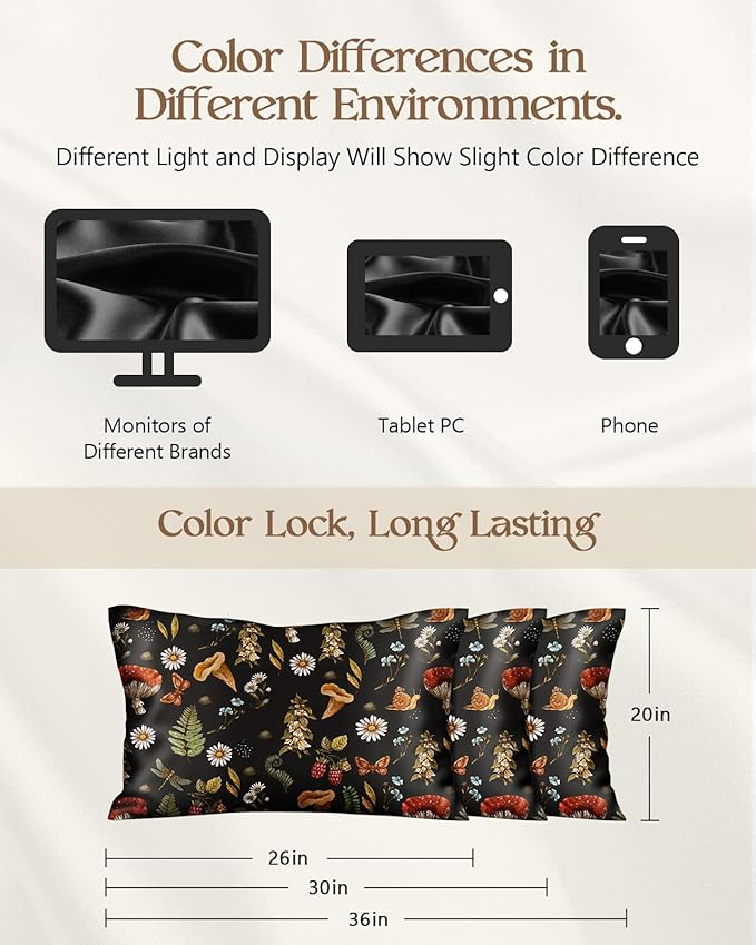 Silk Pillowcase 2 Pack - Pillow Cases 20" x 36" King Size Set of 2 for Hair and Skin Smooth Soft Breathable with Hidden Zipper Cooling Pillow Covers for Sleeping, Mushroom Plants