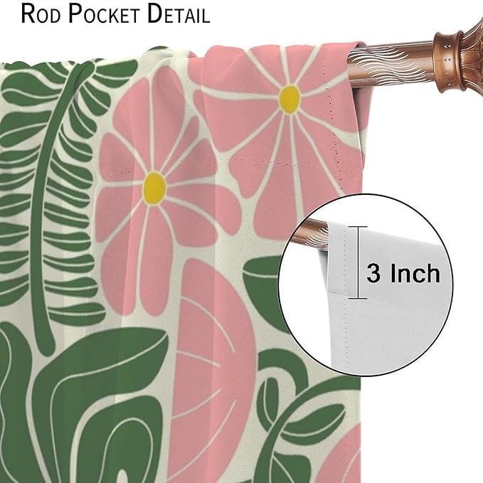 70s Flowers Curtains,Retro Geometric Boho Vintage Botanical Green Pink Flower Curtain for Bedroom Living Room Bathroom Window Curtains,70s Mid Century Flowers Window Treatments 52" W X 84" L