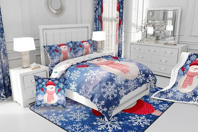 Feelyou Christmas Kids Comforter Set Full Size Snowman Purple Blue Gradient Bedding Set Xmas Snowflakes Duvet Quilt for Kids Boys Girls Bedroom Winter Snow Decor Microfiber Ultra Soft Breathable