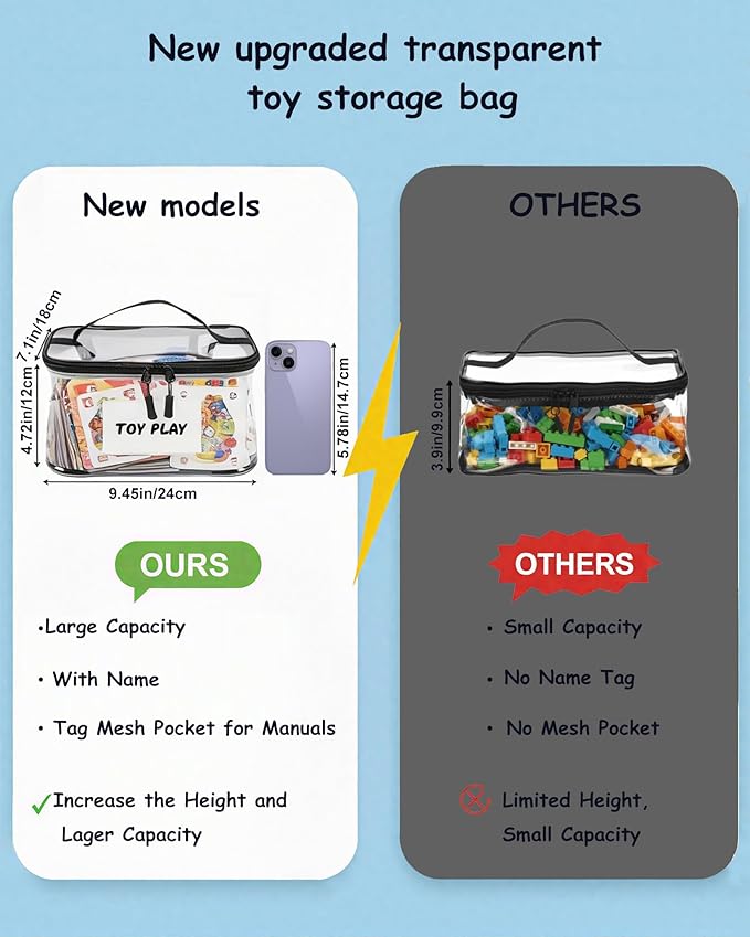 6 Pack Extra Large Clear Toy Storage Bags with Tag and Manual Pocket – Versatile Waterproof Organizer Bags for Lego Bricks, Board Games, Building Blocks, Puzzles, Dolls, Books (XX-Large Size, Black)