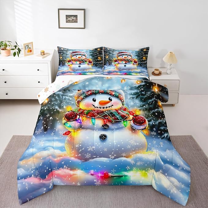 Lovely Snowman Kids Bedding Set Queen Size,Xmas Colorful Lanterns Snowflake Comforter Set,Winter Merry Christmas Quilt Comforter,Rainbow Bedroom Duvet Insert,2 Pillowcases