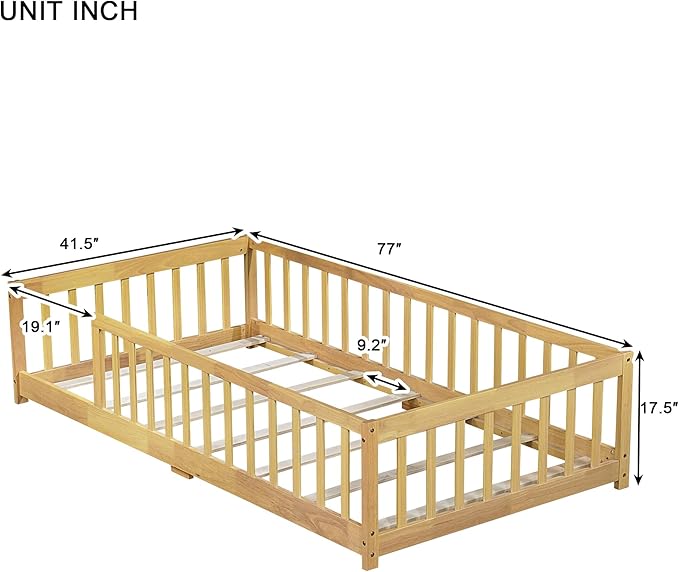 Twin Size Kids Montessori Floor Bed,Twin Floor Bed Frame with Slats,Solid Wood Twin Bed Frame for Girls Boys,Natural