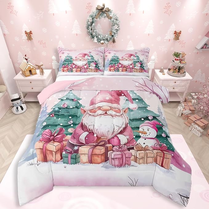 Feelyou Pink Christmas Comforter Set All Season Santa Claus Bedding Set with 2 Pillow Cases Cute Snowflake Kids King Bedclothes Merry Christmas Tree and Snowman Decor Duvet Quilt Soft