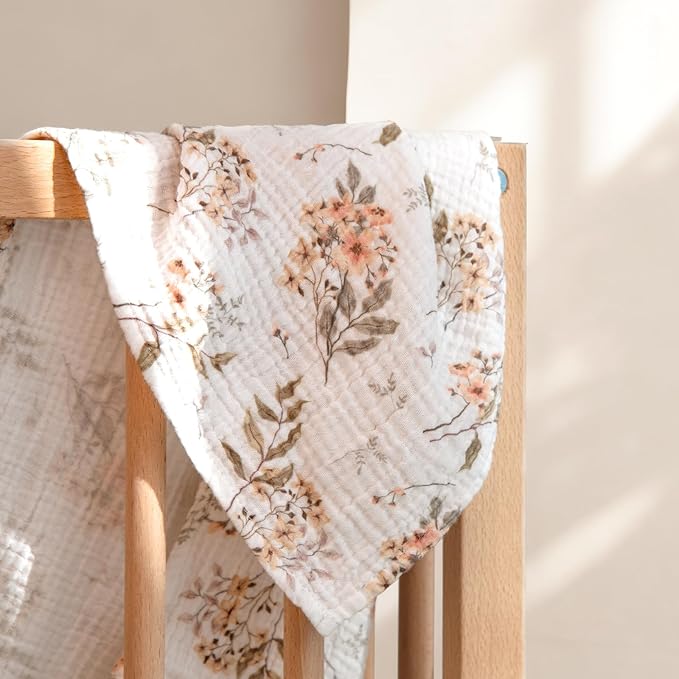 lulumoon Muslin Swaddle Blankets for Baby: Soft Cotton Newborn Receiving Blankets - Floral Print Nursery Gift Set for Baby Girls(White Flower)