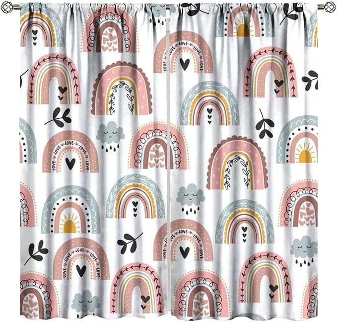 Kids Rainbow Curtains Boho Cartoon Colorful Stars Love Heart Lovely Abstract Art Pattern Print Window Drapes for Girl Bedroom Living Room Kitchen Decor,2 Panel Set,63Wx72H Inch Blackout