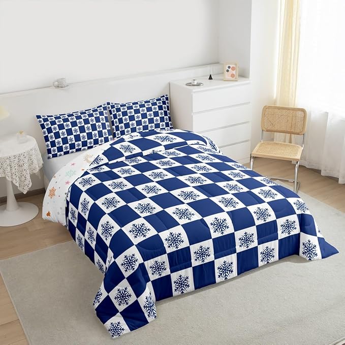 Feelyou Christmas Bedding Set Soft for Boys Girls, Checkered Comforter Set Full Size Snowflake Duvet Quilt Microfiber Xmas Decorations Bedroom Decor Blue 3 Pcs with 2 Pillow Cases