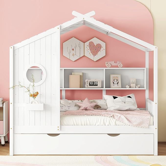Linique Wooden Twin Size House Bed with Trundle and Storage Shelf,Modern Design Twin Platform Bed Frame with Pitched Roof,White