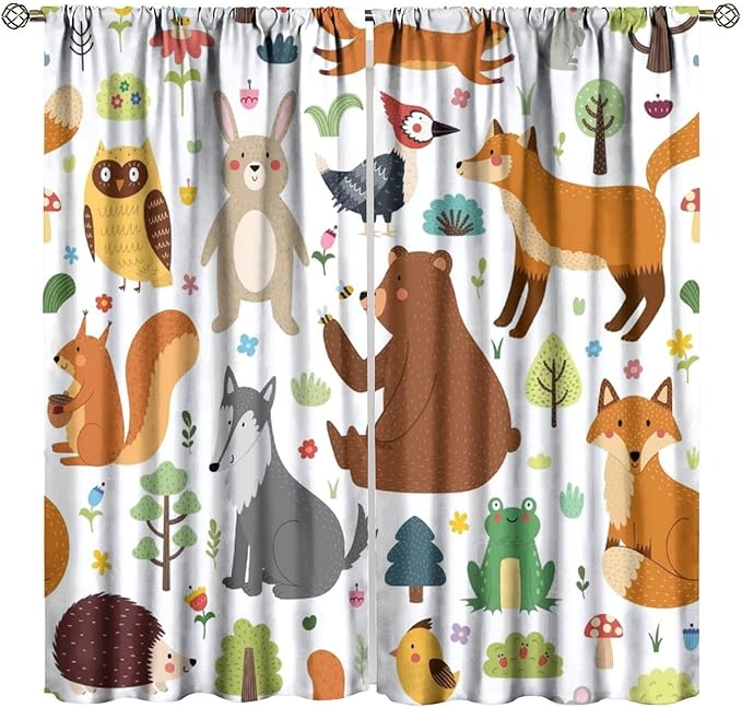 Kids Safari Animals Curtains, Baby Boy Girl Rustic Woodland Printed Cartoon Forest Window Treatments for Bedroom Living Room Nursery 2 Panels Sets, 63x72 Inch