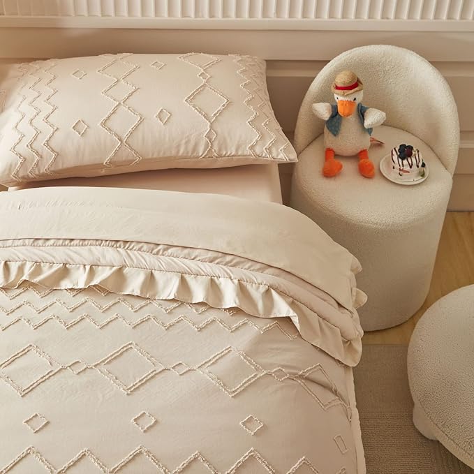 AIKASY Toddler Bedding Set 4 Pieces Super Soft Comforter Set, Shabby Boho Bohemian Design for Boys and Girls（Ruffle Fringe Comforter, Flat Sheet, Fitted Sheet and Pillowcase）- Khaki