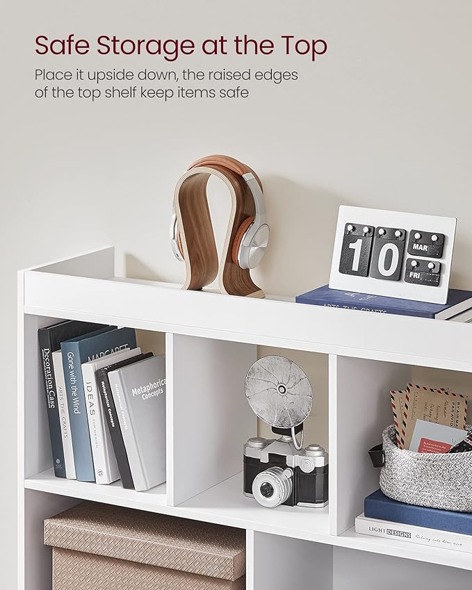 VASAGLE Bookcase, Bookshelf, Freestanding Storage Unit, 8 Open Compartments, Used Horizontally, Vertically, Upside Down, 11 x 35.4 x 39.4 Inches, for Living Room, Study, Office, Cloud White ULBC55WT