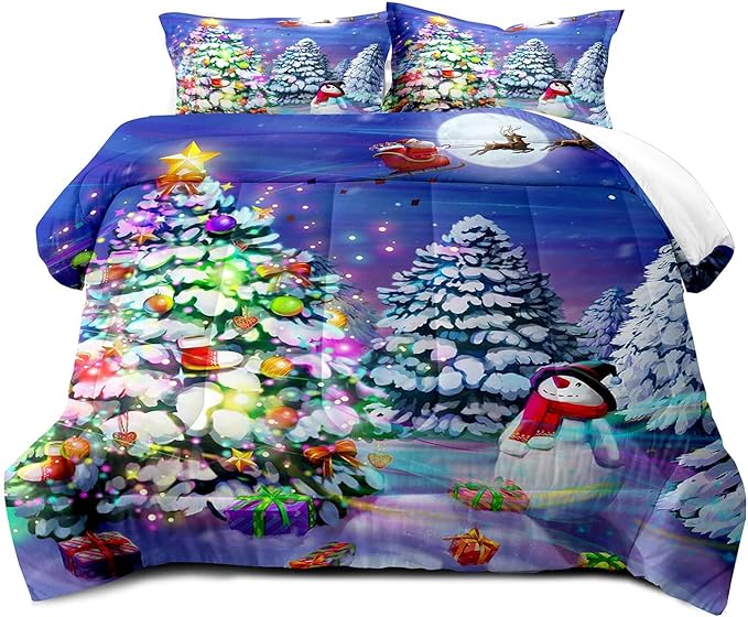 LUVIVIHOME 3PCS Christmas Comforter Set King Size, Cute Snowman Santa Claus Kids Bedding, Winter Xmas Merry Christmas Bedroom Decor for Boys Girls Teens, Xmas Gifts, 2 Pillow Shams