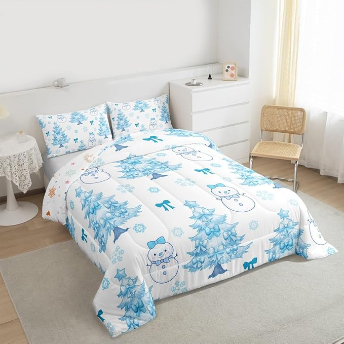 Feelyou Merry Christmas Bedding Set Soft for Boys Girls, Cute Snowman Comforter Set Full Size Cartoon Bowknot Duvet Quilt Microfiber Christmas Tree 3 Pcs with 2 Pillow Cases