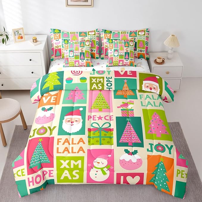 Feelyou Christmas Bed Set Snowman Christmas Tree Print Kawaii Comforter Set with Sheets Xmas Santa Claus Bed in a Bag for Kids Girls New Year Theme Bedding Set Bedroom Collection King Size