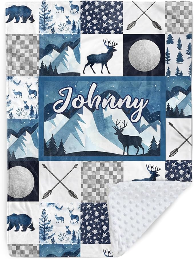 Personalized Baby Blankets for Girls Boys, Custom Blue Deer Baby Blanket with Name for Kids, Flannel Bed Throw Blanket for Newborn, Customized Gifts for Baby Shower Nursery Blanket(47" x60)