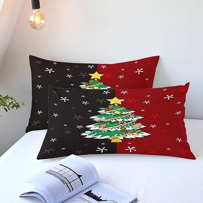 Christmas Duvet Cover Twin Size Black Red Christmas Tree Bedding Set 2 Pieces Kids Boys Girls Xmas Couple Holiday Comforter Cover with Zipper Closure and 1 Pillowcase (No Comforter)