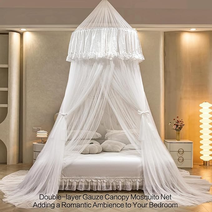 AIKASY Princess Bed Canopy for Girls – Double Layer Sheer Mesh Dome with Romantic Lace Trim, Dreamy Mosquito Net Tent for Twin/Full/Queen/King Beds(White)