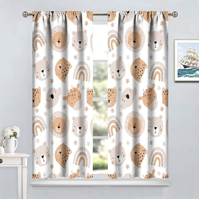 Cartoon Boho Animal Curtains,Funny Forest Safari Print,Cute African Wildlife Koala Giraffe Lion Leopard Bear Rainbow Blackout Window Drapes for Boys Girls Kids Baby Child Bedroom 84x84in