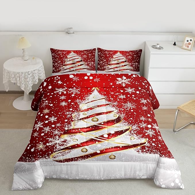 Feelyou Merry Christmas Comforter Set Full Size Christmas Tree Bedding Set for Kids Boys Girls Snowflake Duvet Quilt Winter Bedroom Decor Microfiber 3 Pcs with 2 Pillow Cases