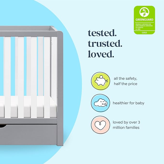 Carter's by DaVinci Colby 4-in-1 Convertible Mini Crib with Trundle Drawer in Grey and White, Greenguard Gold Certified, Undercrib Storage
