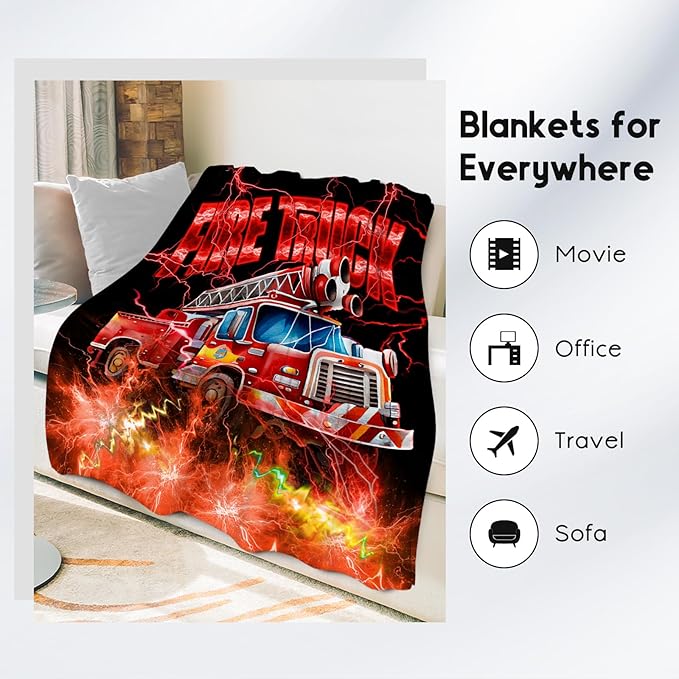Kids Blanket Fire Truck Gifts for Toddler Boys, 40"x50" Fleece Soft Cozy Car Theme Throw for Couch Sofa
