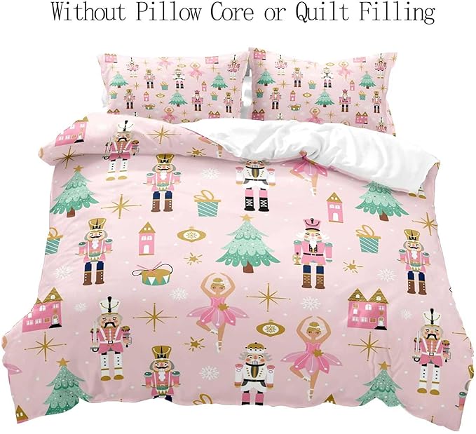 LUVIVIHOME 2PCS Christmas Nutcracker Duvet Cover Twin Bedding Sets, Light Pink Duvet Cover, Teen Girl Bedding, Christmas Tree Snowflake Winter Holiday Xmas Gifts Kids Comforter Cover, 1 Pillow Sham