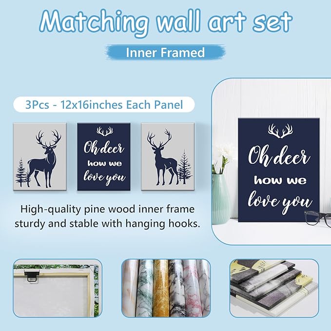 Custom Name Cirb Bedding Set - 5 Pcs Woodland Deer Baby Crib Set, Double Layer Blue Nursery Bedding Set for Baby Boys, Soft Flannel Baby Blanket, Toddler Infant New Parents Customized Gift