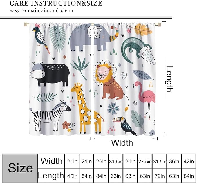 YCness Cartoon Forest Animals Curtains, Woodland Woodland Wild Giraffe Zebra Lion Hippopotamus Window Treatments for Kids Bedroom Living Room Home Nursery Drapes, 42x45 Inch