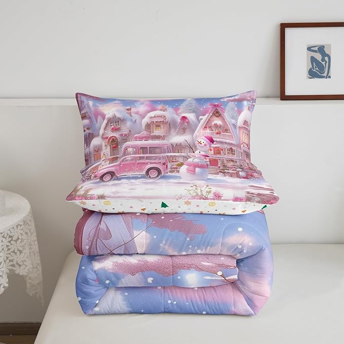 Manfei Christmas Comforter Set King Size, Pink Truck Flower Snowman Bedding Set for Kids Girls Room Decor, New Year Theme Down Comforter, Lightweight Duvet Insert, 2 Pillowcases