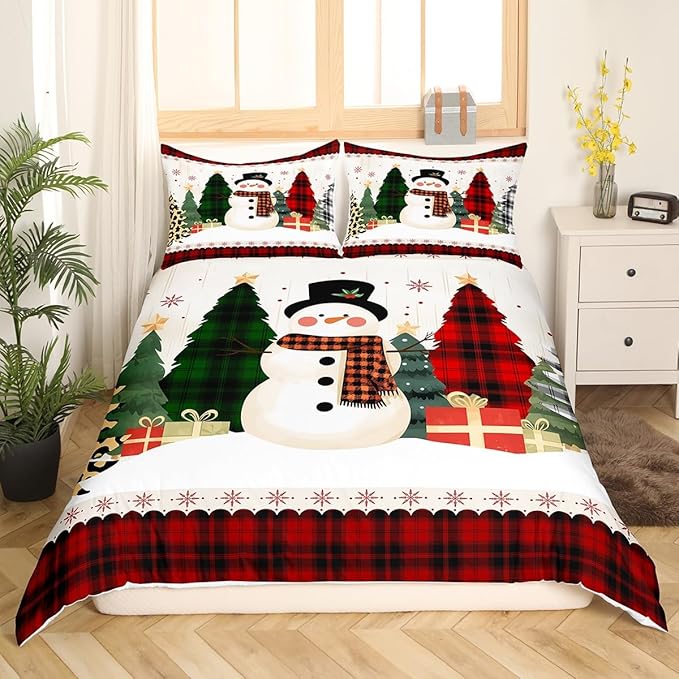 Manfei Snowman Duvet Cover Set Queen Size, Xmas Leopard Plaid Trees Snowflake Comforter Cover with 2 Pillowcases, Christmas Theme Bedding Set 3pcs for Kids Girl New Year Bedspread Cover,No Comforter