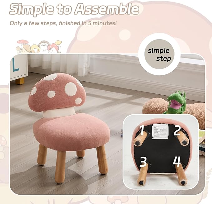 Pink Kids Chairs Toddler Chair Comfy Chenille Toddler Couch Sofa, Armless Boys Girls Desk Chairs, Upholstered Muchroom Kid Reading Chairs, Girls Desk Chair for Bedoom/Playroom/Gifts, Pink