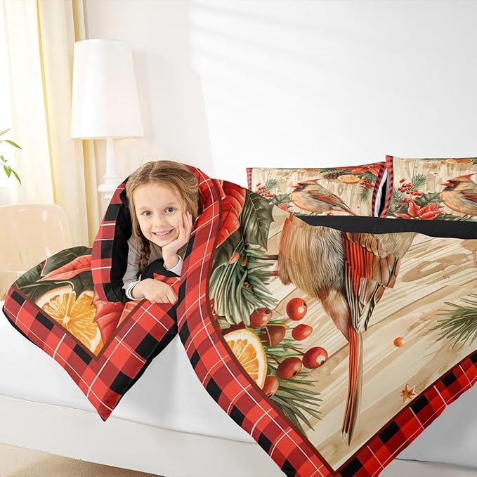 jejeloiu Kids Red Cardinal Comforter Set Twin Size Christmas Red Black Plaid Flower Bedding Set for Boys Girls Teens Xmas Birds Animal Lemon Winter Wood Plank Duvet Quilt Room Decor