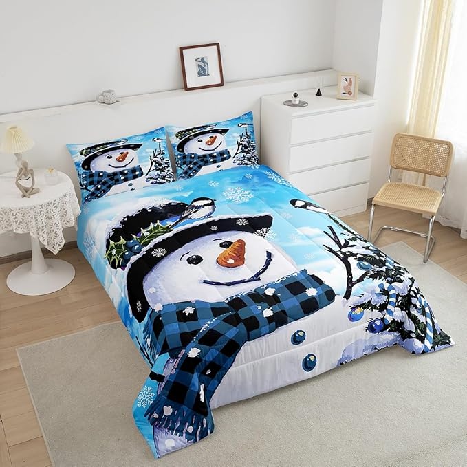 Feelyou Kids Christmas Theme Decorations Bedding Set Xmas Snowman Comforter Set for Boys Girls Cute Comforter Blue Bedroom Collection Full Size