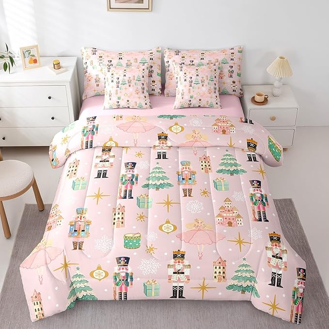 Erosebridal 7Pcs Pink Christmas Comforter Set Full Size,Christmas Nutcracker Bedding Set,Dreamy Castle Princess Bed in A Bag,Xmas Galaxy Snow Quilt with Flat Fitted Sheet for Kids Boys Girls