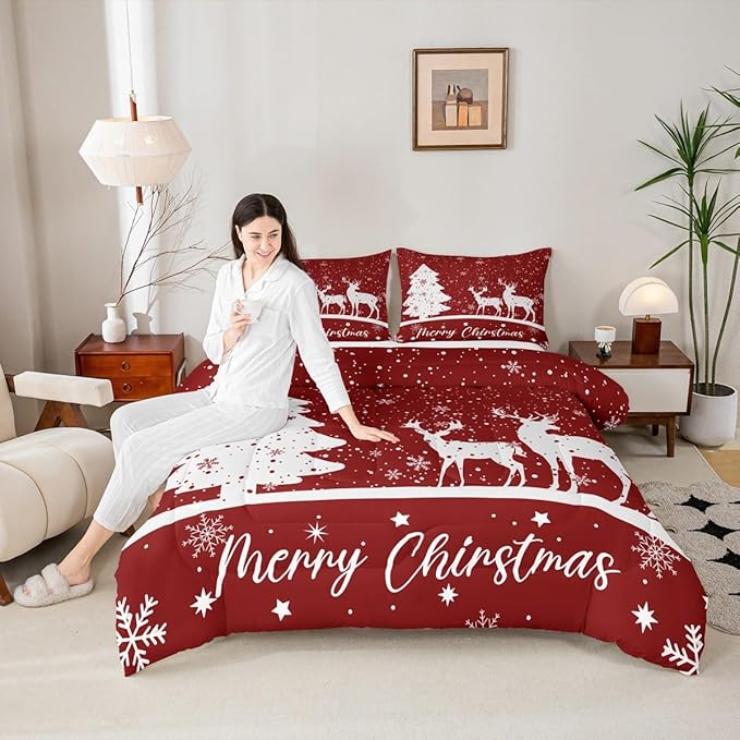 Merry Christmas Kids Comforter Set Queen Size,Deer Elk Pine Trees Bedding,Girls Boys Adults Bedroom/Xmas Cabin Decor,Snowflake Romantic Down Comforter,Rustic New Year Red Duvet Insert,2 Pillowcases