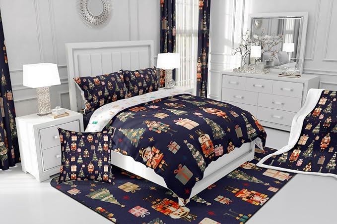 jejeloiu Xmas Nutcracker Comforter Set King Size Christmas Dark Blue Bedding Set for Kids Boys Girls Cute Snowflakes Duvet Quilt Bedroom Decor