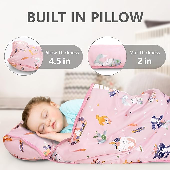 Primlect Thickened Toddler Nap Mat with Removable Pillow and Minky Blanket, Extra Large 55''x35'' Sleeping Bag, Washable, Roll up, Perfect for Daycare, Preschool, Kindergarten, Boys and Girls Pink Fox