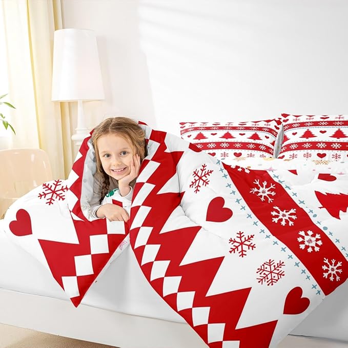 Feelyou Christmas Comforter Set King Size Xmas Tree Bedding Set for Kids Boys Girls Snowflake Heart Duvet Quilt Geometric Bedroom Decor Microfiber 3 Pcs with 2 Pillow Cases