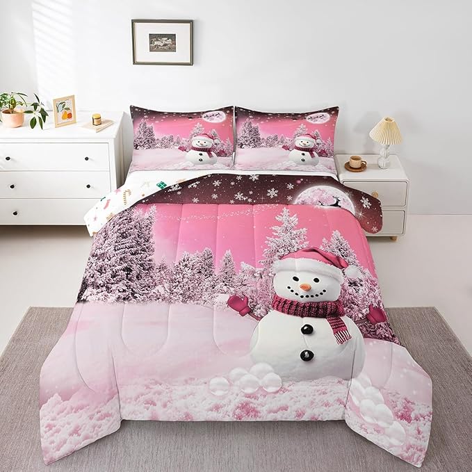 Feelyou Kids Merry Christmas Decorations Queen Size Comforter Set Xmas Snowman Bedding Set Girly Pink Quilt Set Soft Warm Lightweight Duvet Set