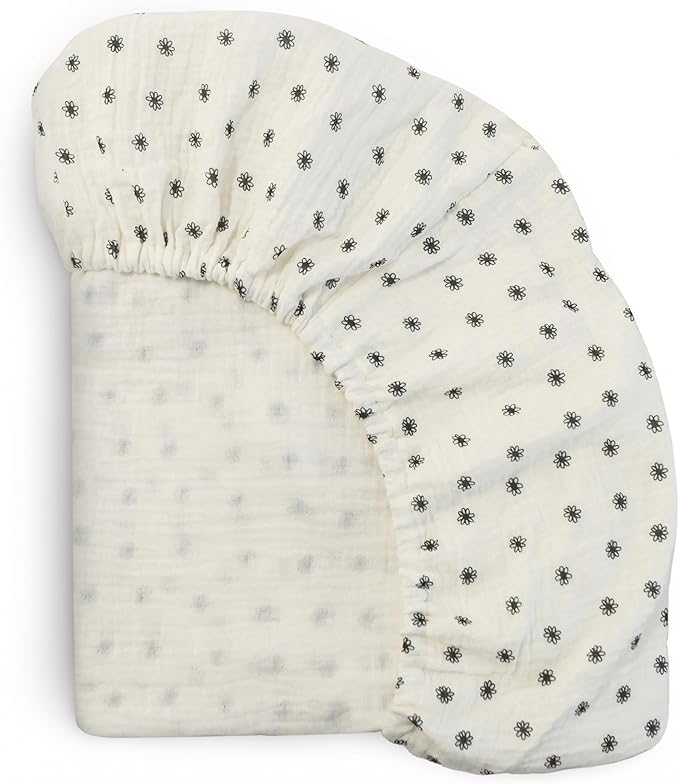 mushie Extra Soft Muslin Fitted Crib Sheet | 192 Thread Count | 28"x 52" (Black Daisy)