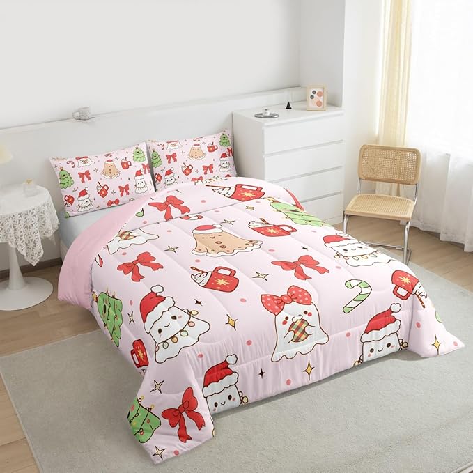 Feelyou Christmas Bedding Set Soft for Boys Girls, Cute Bow Comforter Set Toddler Size Cute Ghost Duvet Quilt Microfiber Coquette Bow Knot Bedroom Decor Candy Print 2 Pcs with 1 Pillow Cases