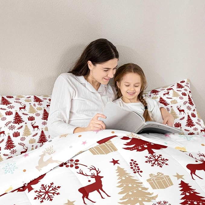 Feelyou Christmas Comforter Set All Season Xmas Tree Bedding Set with 2 Pillow Cases Reindeer Microfiber Kids Queen Bedclothes Snowflake Gift Bedroom Decor Duvet Quilt Breathable Soft Lightweight