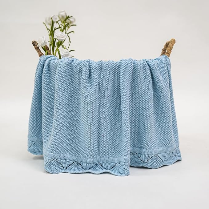 Baby Knit Blanket Soft Breathable Cotton Scallop Border Blankets Newborn Knitted Blanket Swaddle Blankets Gifts for Baby Newborn Toddler Shower Boy Girl New Mom Birthday Christmas Blue 30x40